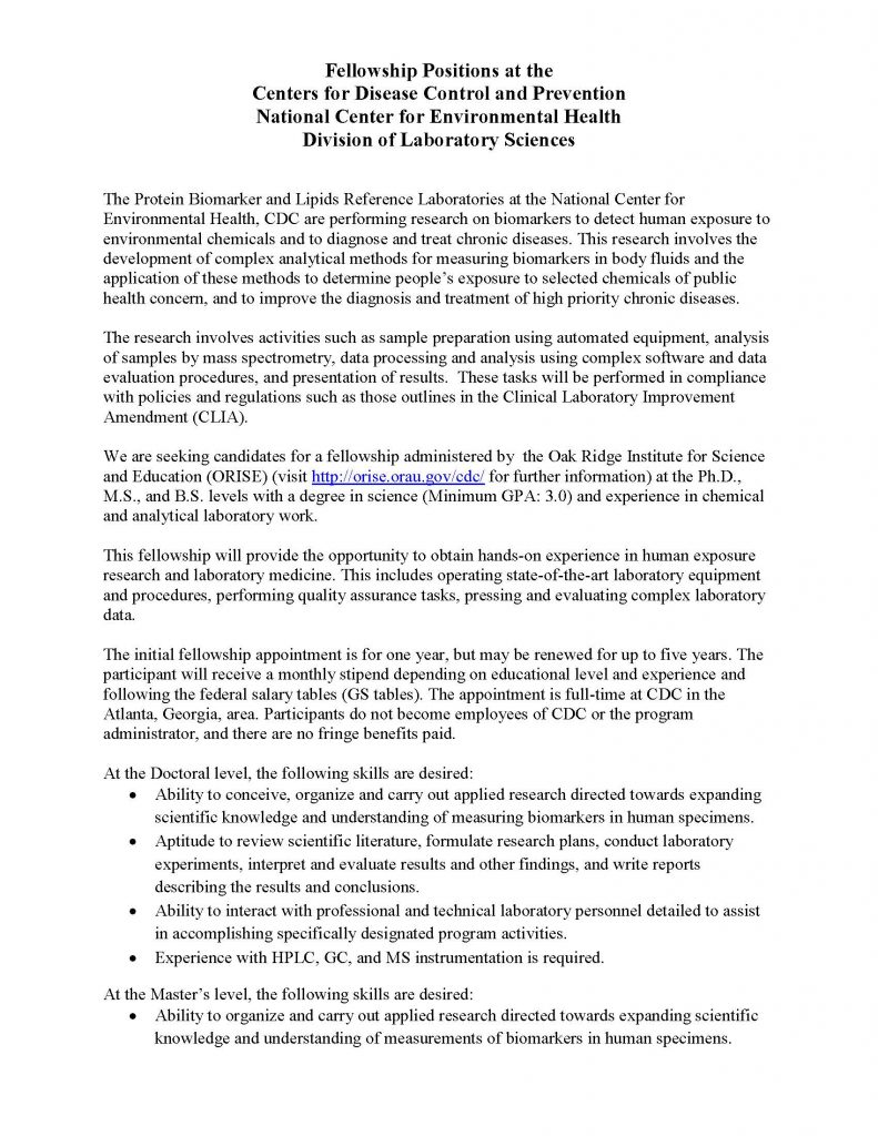 ORISE Fellowships at CDC, Clinical Chemistry Branch « The Erlenmeyer Flask