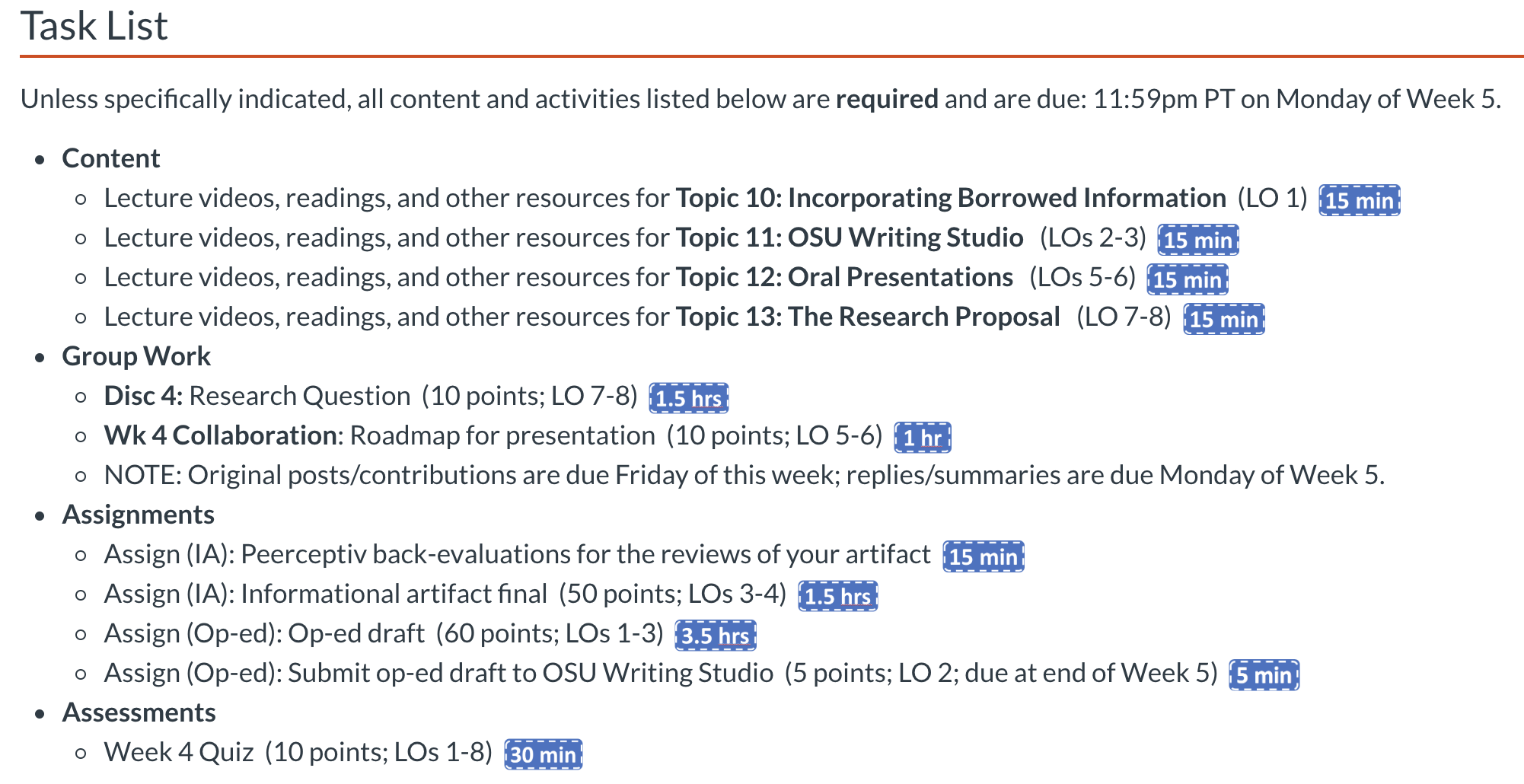 Task list for students with the estimated time to complete each item