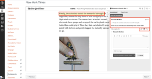 News article embedded in the assignment shows annotations made by specific students with a box to reply