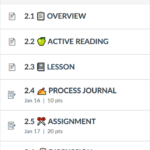 clipboard, green apple, notebook, hand writing with pencil, scissors and spool of thread emojis used in module items