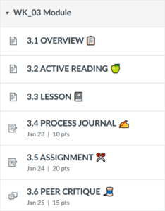 Emojis appear at the end of each module item in a list of six. Each item title has a different length, so the emojis appear at different distances from the start of each line.