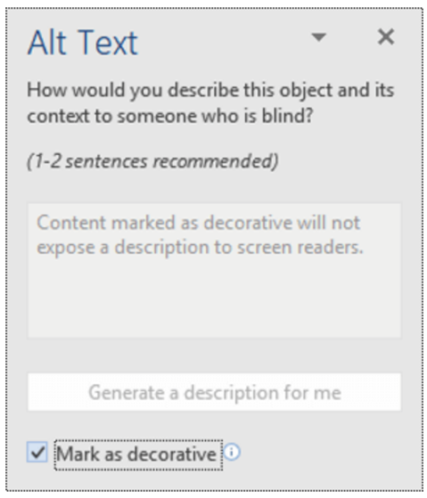 Screen shot of alt text box for an image from Office 365 PowerPoint