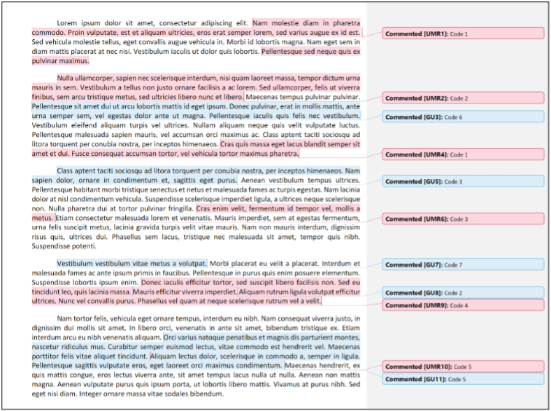 Picture of a dummy transcript using Lorem Ipsum placeholder text. Sentences are highlighted in red or blue depending upon the user. Highlighted passages have an associated “comment” where users have written codes. 