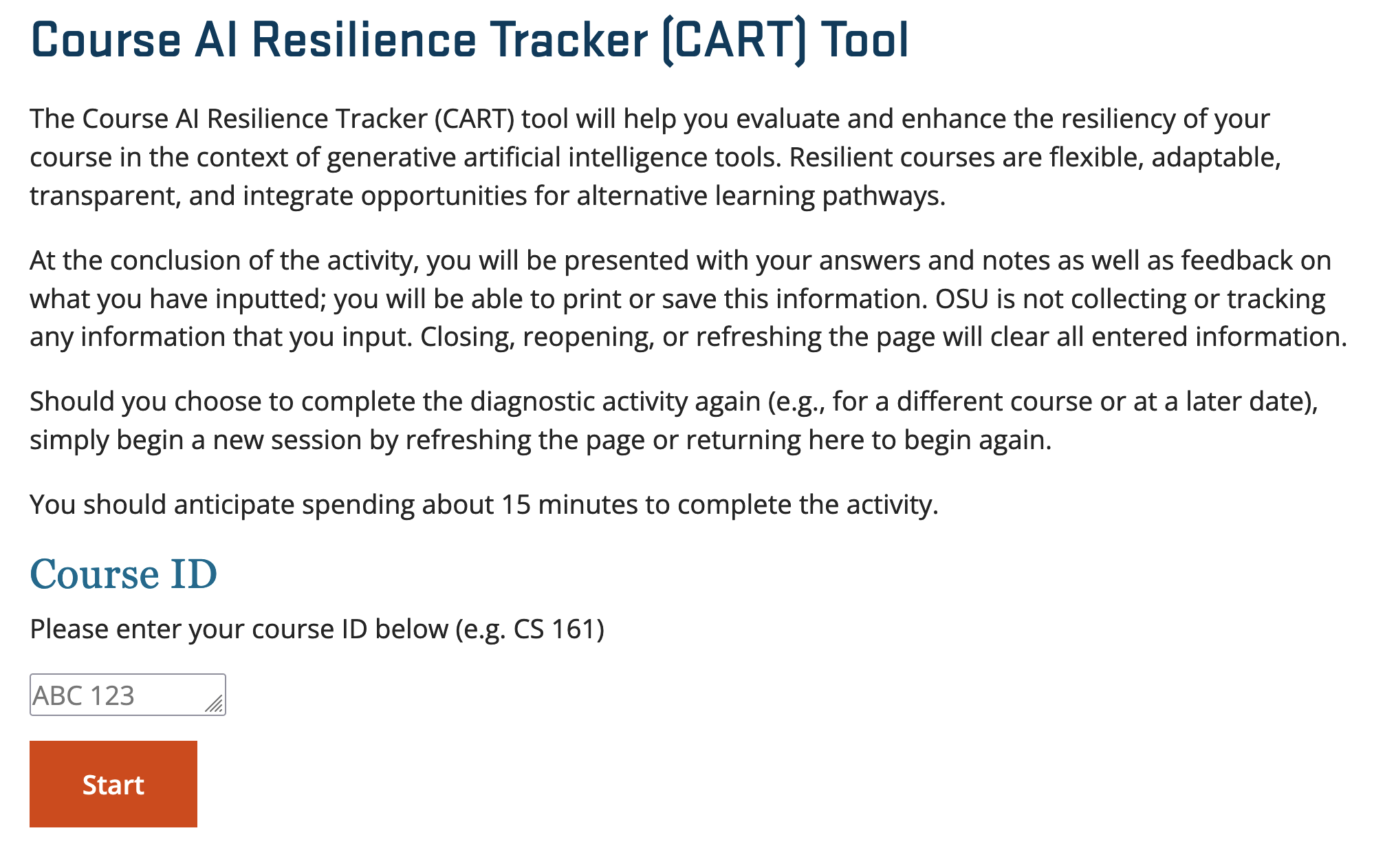 Course AI Resilience Tracker Tool Getting Started Page