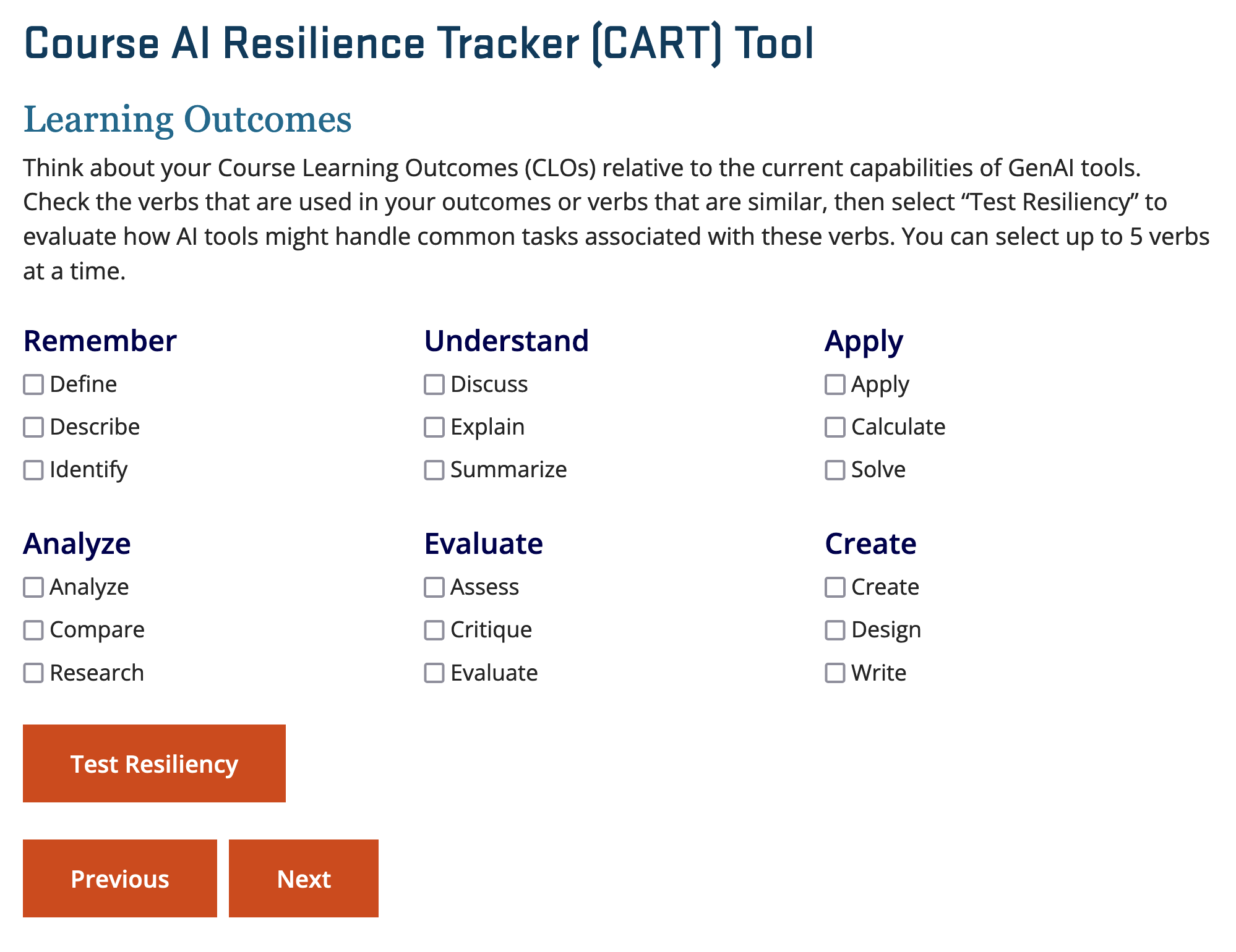 Course AI Resilience Tracker Learning Outcomes Page