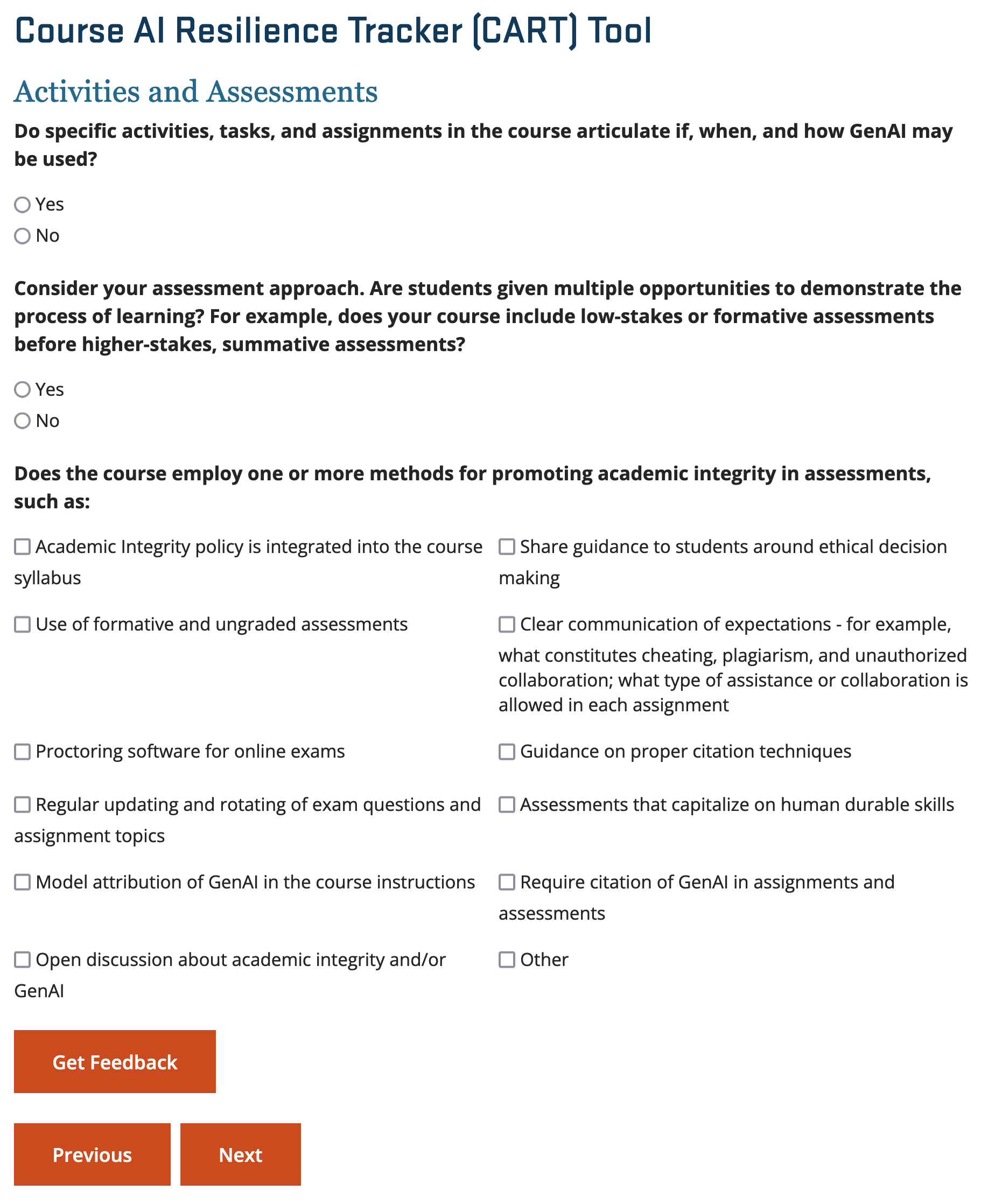 Course AI Resilience Tracker Activities and Assessments Page