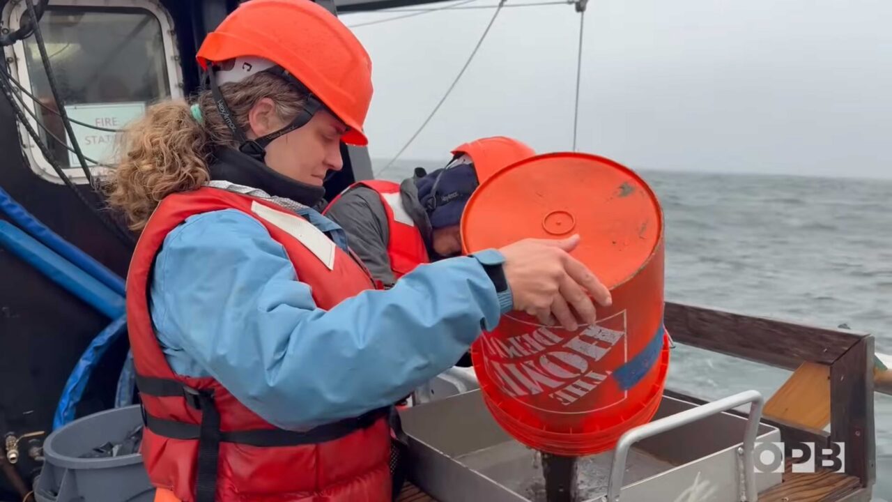 A woman holds an orange bucket on board a research vessel