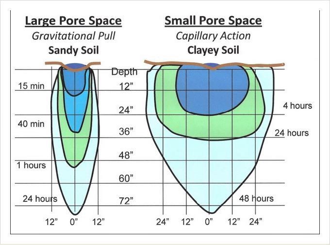 Illustration showing water movement through sand vs clay.