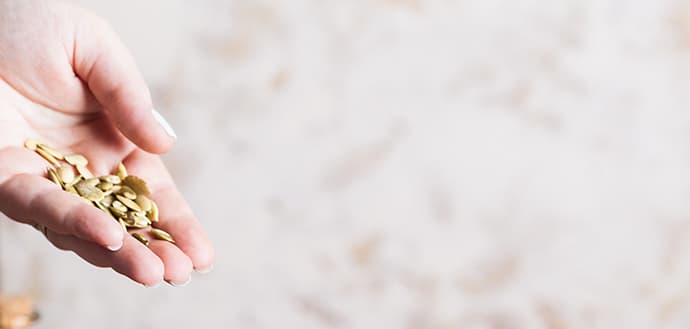 hand holds seeds, whole grains