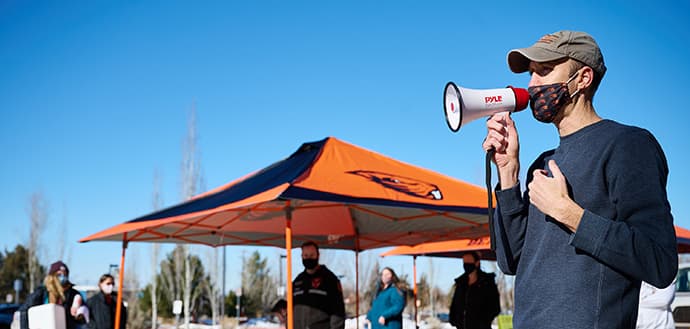 Jeff Bethel speaking in megaphone
