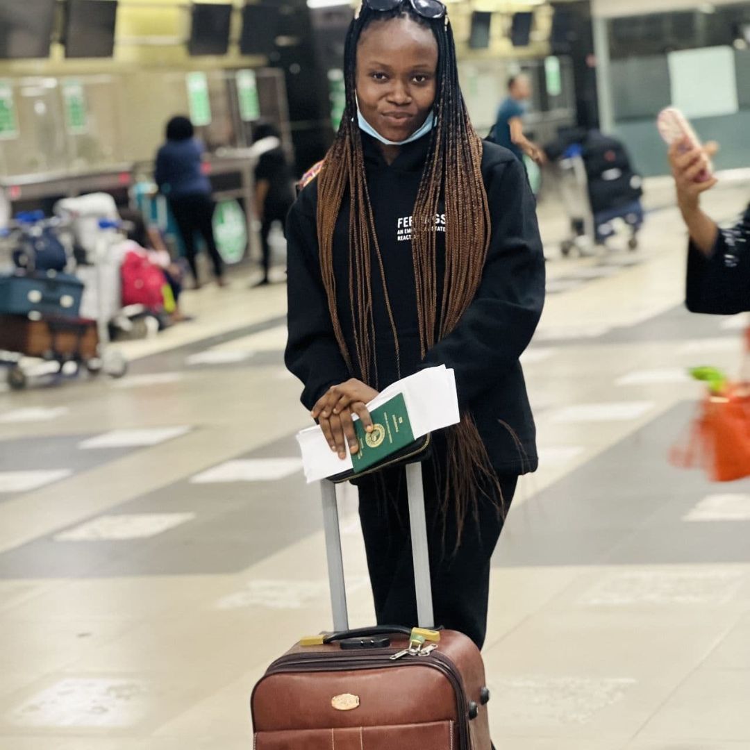 Funmi at the airport on her way to Oregon.