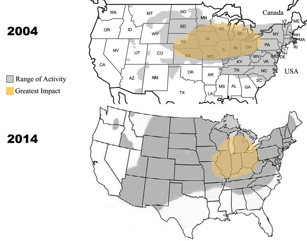 diagram of map showing range of western corn rootworm 2004 vs 2014