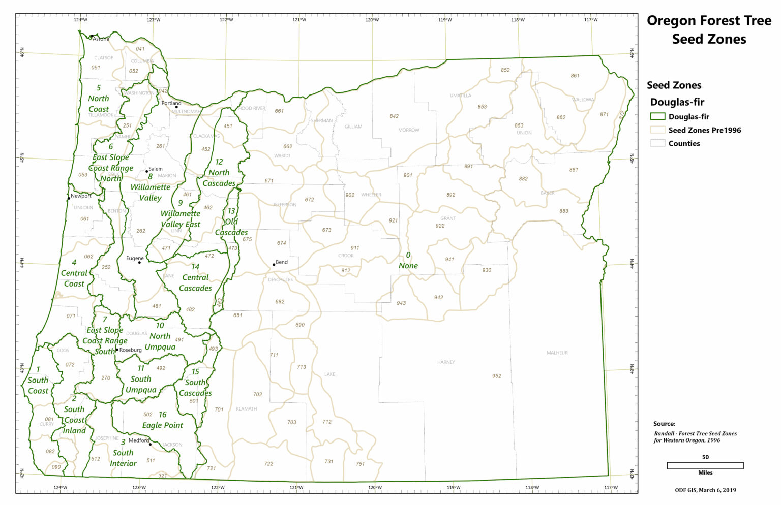Seed Zone Maps of Oregon Oregon - Douglas Fir Pre1996 Towns 1536x994 