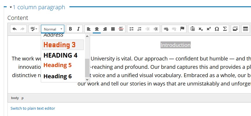 screenshot of text editor in Drupal to change headings