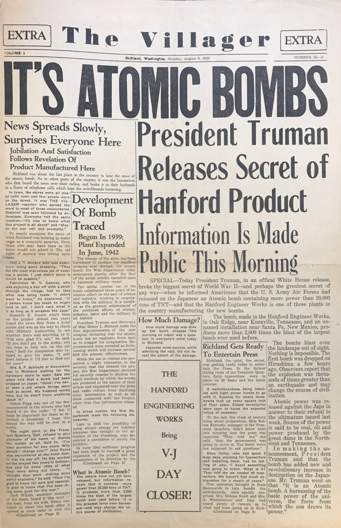 Hanford Villager newspaper announcing bombing of Hiroshima