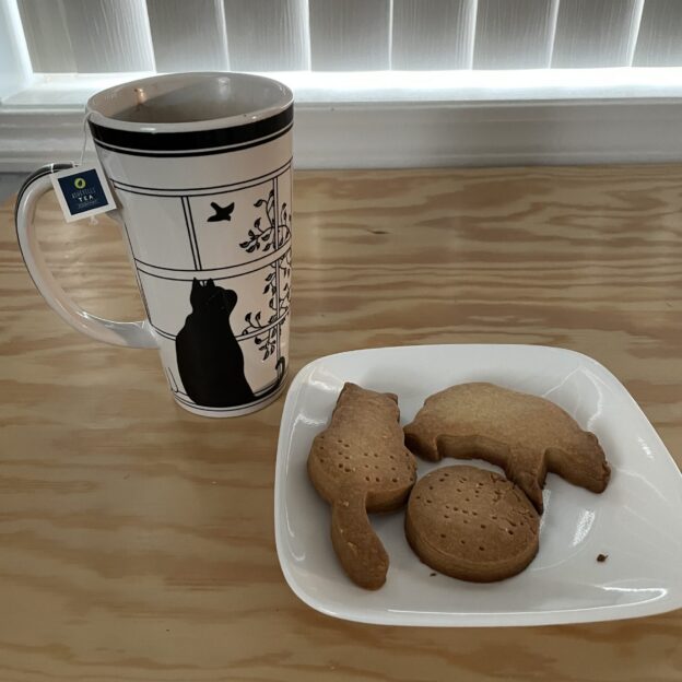 Cup of tea with plate of shortbread cookies.