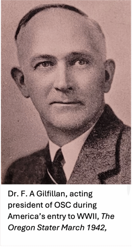Portrait of Dr. F. A. Gilfillan, acting president of Oregon State College during America's entry into World War II, from The Oregon Stater, March 1942.