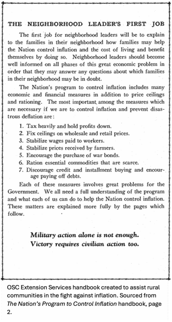 A page from an OSC Extension Services handbook detailing strategies for neighborhood leaders to combat inflation during wartime, including economic measures like tax regulation and price stabilization.