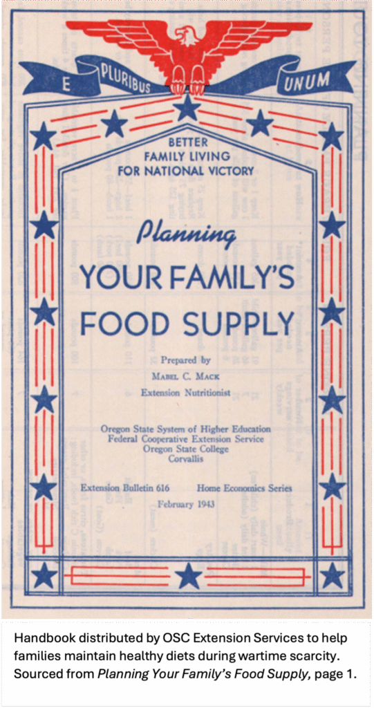 Cover of a wartime handbook titled 'Planning Your Family's Food Supply,' prepared by Mable C. Mack, designed to assist families in maintaining healthy diets during wartime scarcity, featuring patriotic imagery and a decorative border.
