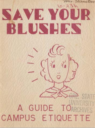 Booklet titled "Save Your Blushes: A Guide to Campus Etiquette" with an illustration of a surprised woman.