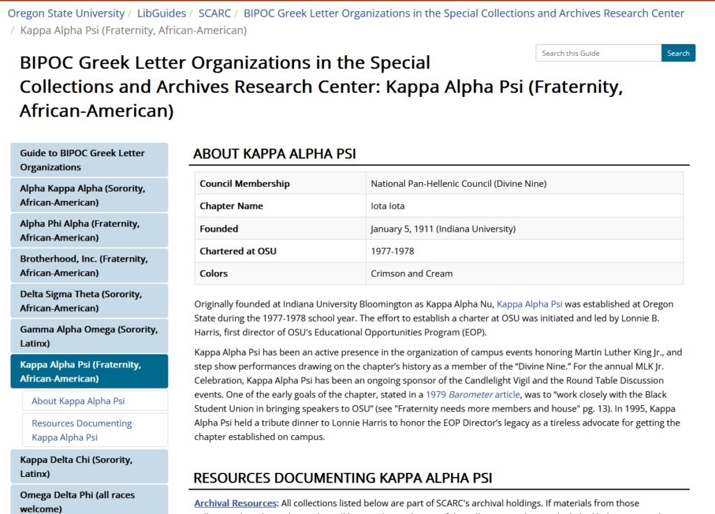 A screenshot of the BIPOC Greek Letter Organizations in SCARC LibGuide