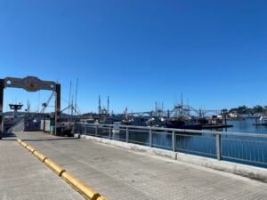 Picture of a dock in Oregon, with a sign over a walkway that says Port of Newport, Dock 5.