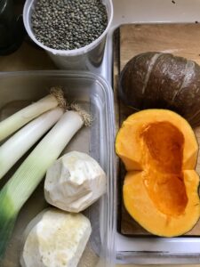 Kabocha squash, celery root, and leeks became the base for a pureed soup and a lentil soup.