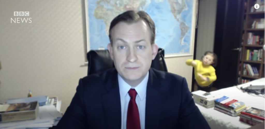 A screenshot of Professor Robert Kelly being interrupted by his children during a Zoom interview with BBC news.