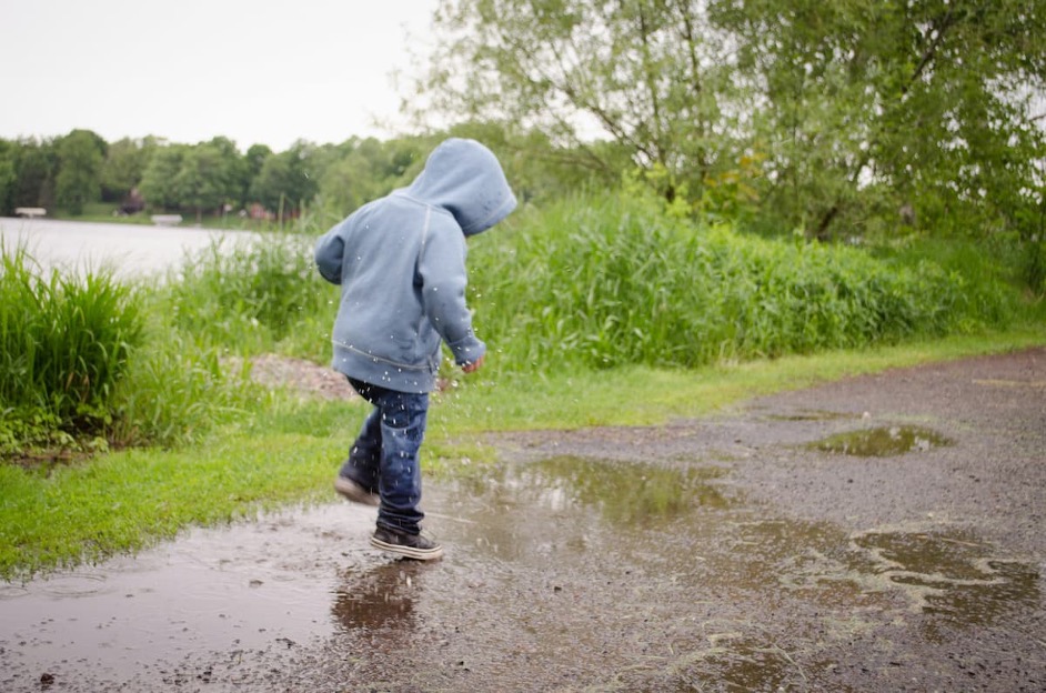 A child splashing in puddles