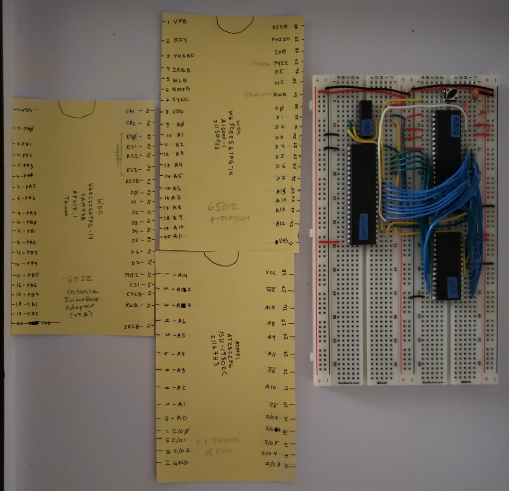 use of index cards with the 6502 processor, ROM, and VIA installed