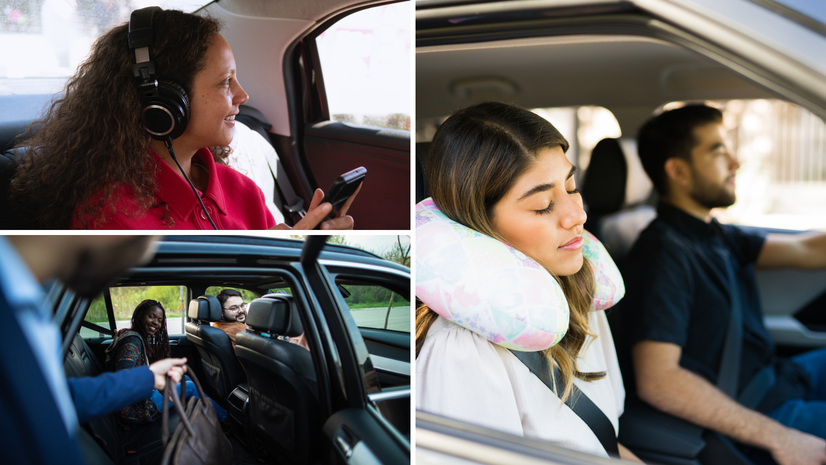 Decorative collage of people napping, greeting friends, and listening to music while carpooling.
