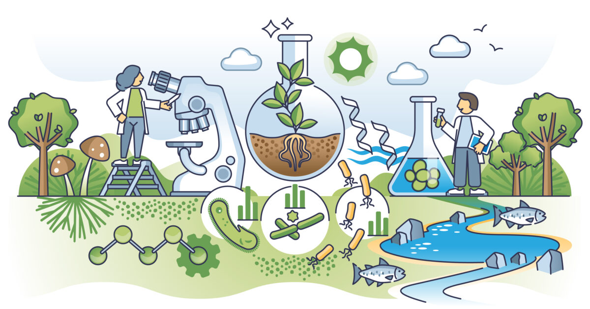 cartoon style image depicting research that improves the enviironment and society.
